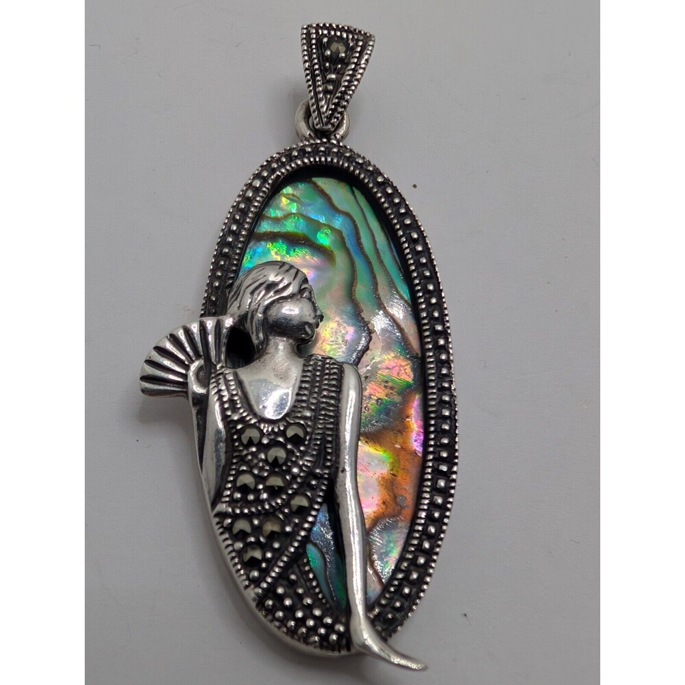 Mother Pearl Marcasite Art Nouveau Woman Fan Sterling Silver 925 Pendant Vintage